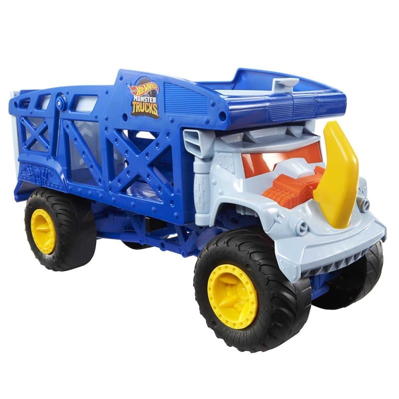 Hot Wheels Monster Trucks Camion Rhino, Transporteur pour 12 Monster Trucks Ou 32 Voitures À L’échelle 1/64, avec Rampe De Lance