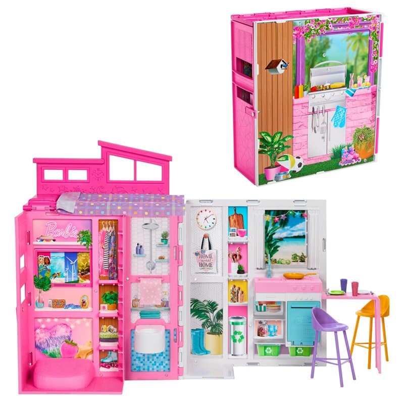 Barbie Maison de Vacances Coffret avec poupée, avec 4 Zones de Jeu Dont Une Cuisine, Une Salle de Bains, Une Chambre et Un Salon
