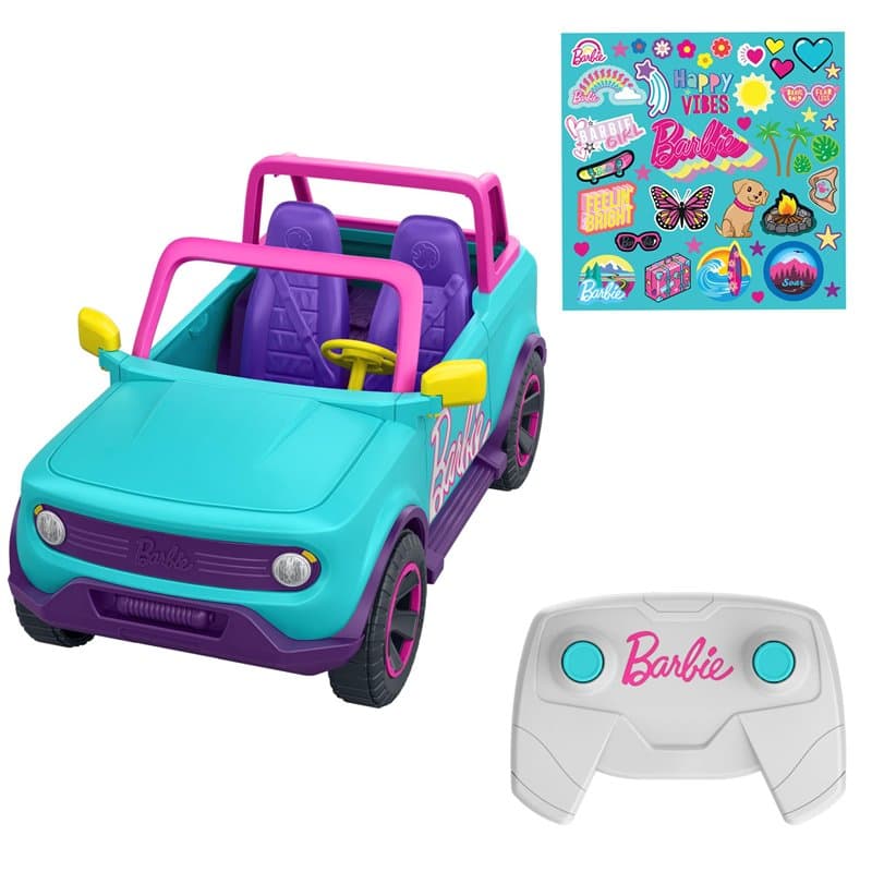 Hot Wheels Voiture Télécommandée, Grand Véhicule Tout-Terrain Barbie Véhicule pouvant contenir 2 poupées Barbie, Autocollants à