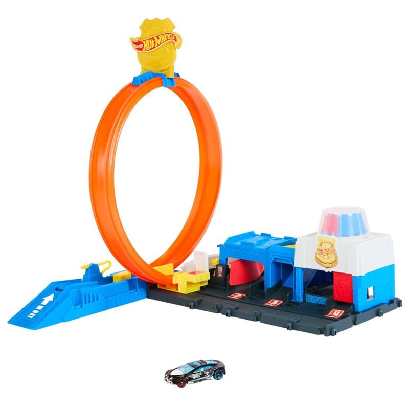 Hot Wheels Coffret Super Poste de Police Hot Wheels City avec véhicule en métal à l’échelle 1/64, Un looping réglable pour Varie