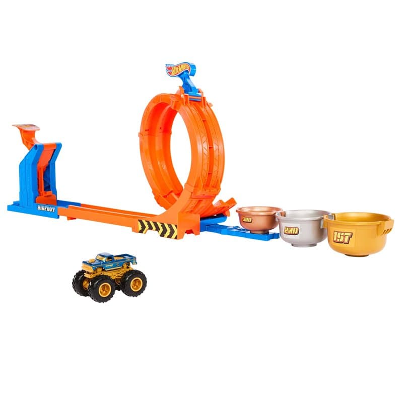 Hot Wheels Monster Trucks Défi du Trophée Tournez-et-Renversez Coffret avec véhicule Bigfoot 50ème anniversaire en métal à l’éch