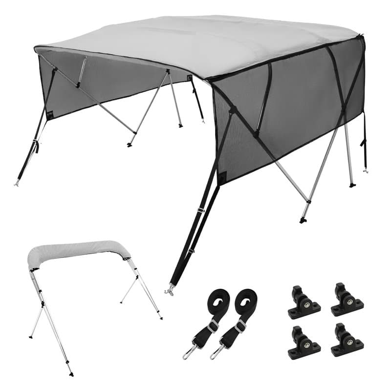 VEVOR Bimini pour Bateau à 4 Arceaux, Taud de Soleil 243x137x231-244 cm, Cadre en Alu Toile en Polyester 600D, Parois Latérales