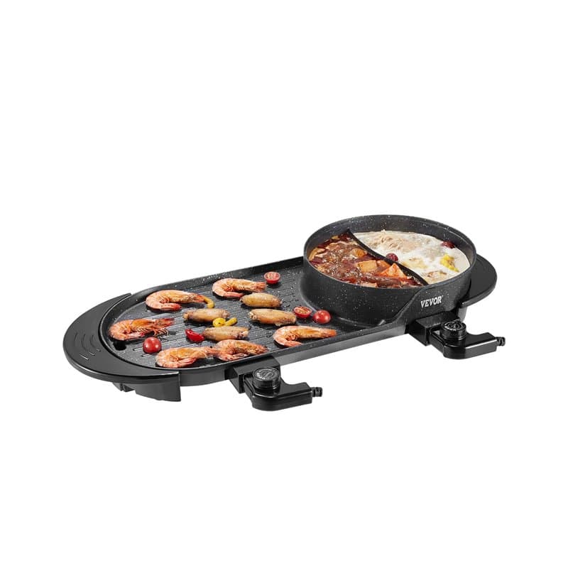 VEVOR Appareil à Fondue Chinoise Shabu Shabu avec Gril 2-en-1, Grill Électrique sans Fumée 2200 W, avec Marmite Antiadhésive et