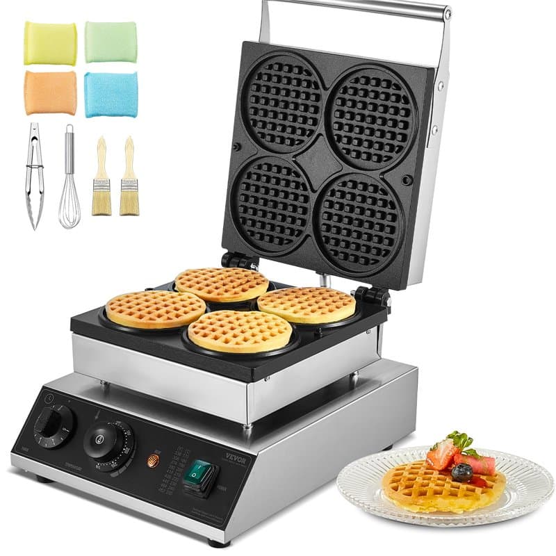 VEVOR Gaufrier Commercial 1750 W, Appareil à Gaufres Rondes Capacité 4PCs, en Acier Inoxydable, Antiadhésif, avec Contrôle de la