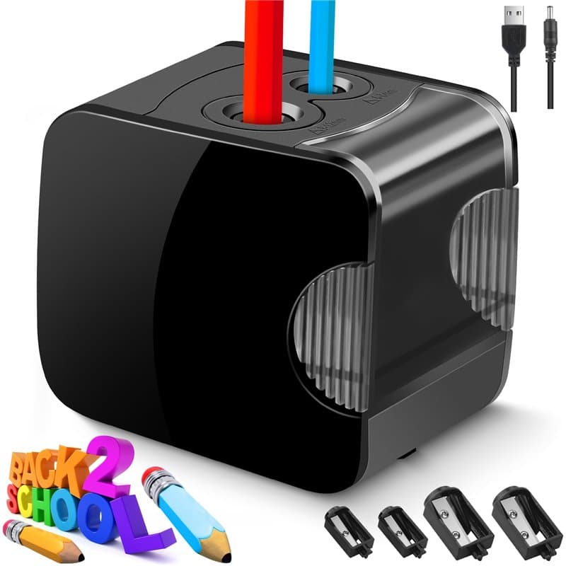 Taille Crayon Electrique Professionnel USB 2 Trous 6-12mm Gros Diametre, Taille-crayons avec Reservoir, 4 Lames, Taille-Crayon É
