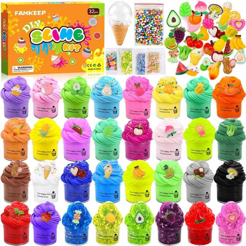 FAMKEEP Kit Slime Fluffy pour Enfants 32 pcs Mini Slime kit Crystal Slime,Doux et Antiadhésif,Cotillons de Slime Parfumés,Jouet