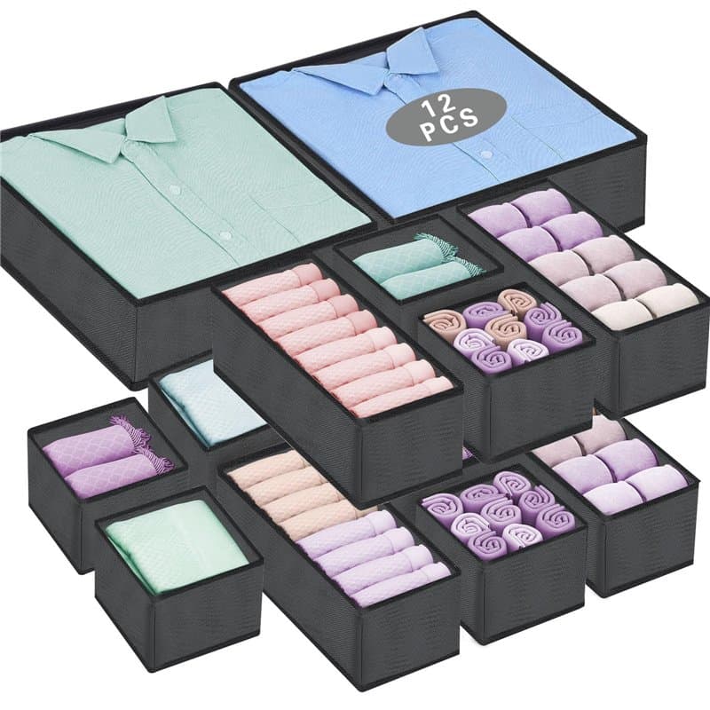 ENCOUN 12Pcs Boite Organisateur Tiroir, Gris Organisateur Tiroir Vetement, Boite Rangement Vetement Tissu Non-Tissé, Pliable Boi