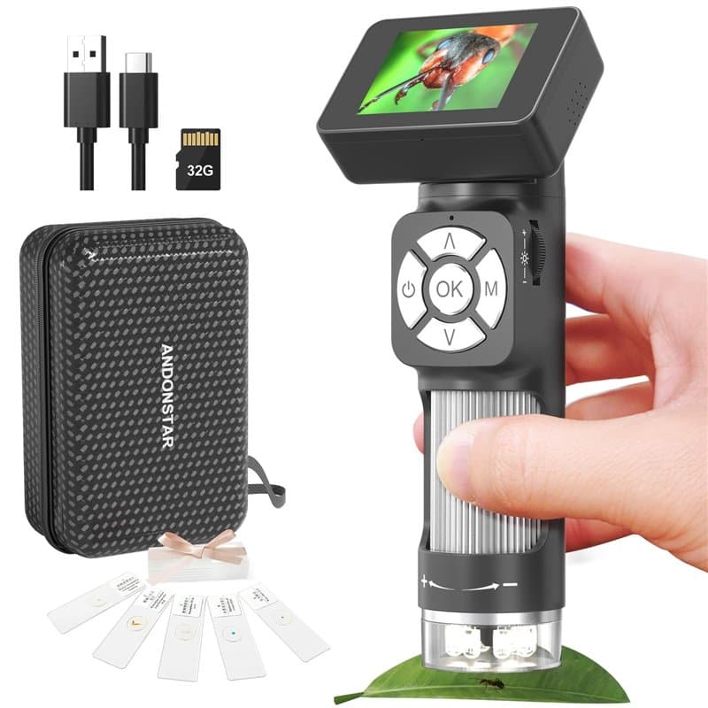Andonstar AD112 Kit de Microscope de Poche Portable pour Enfants et Adultes avec écran LCD 2", Mini Microscope numérique Portabl