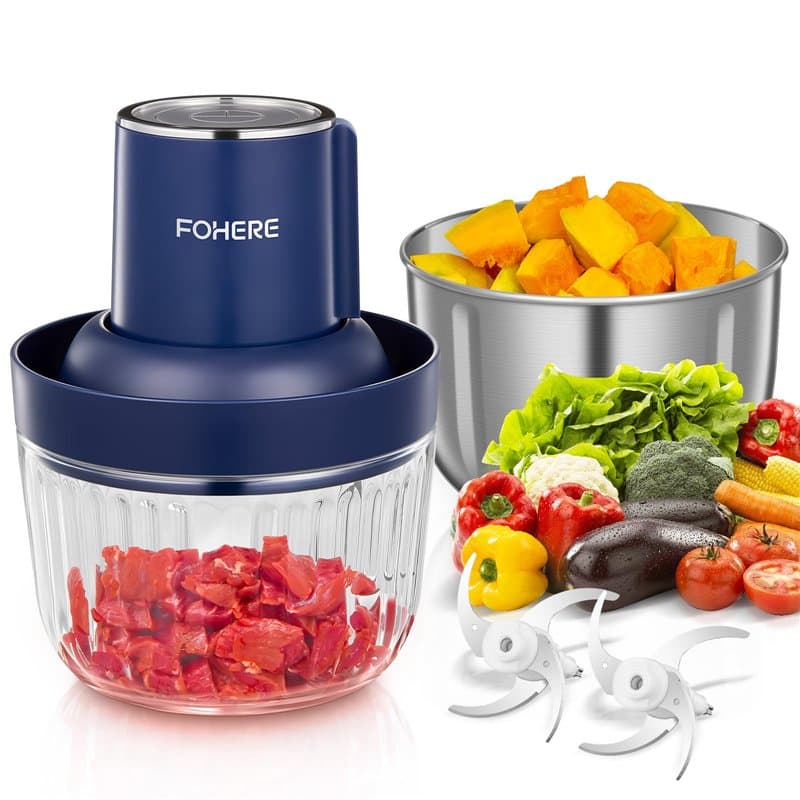FOHERE Hachoir Électrique, 300W Hachoir à Viande Avec 2L Bol en acier inoxydable+ 1.8 L bol en verre, 2 Lames à Deux Niveaux Amo
