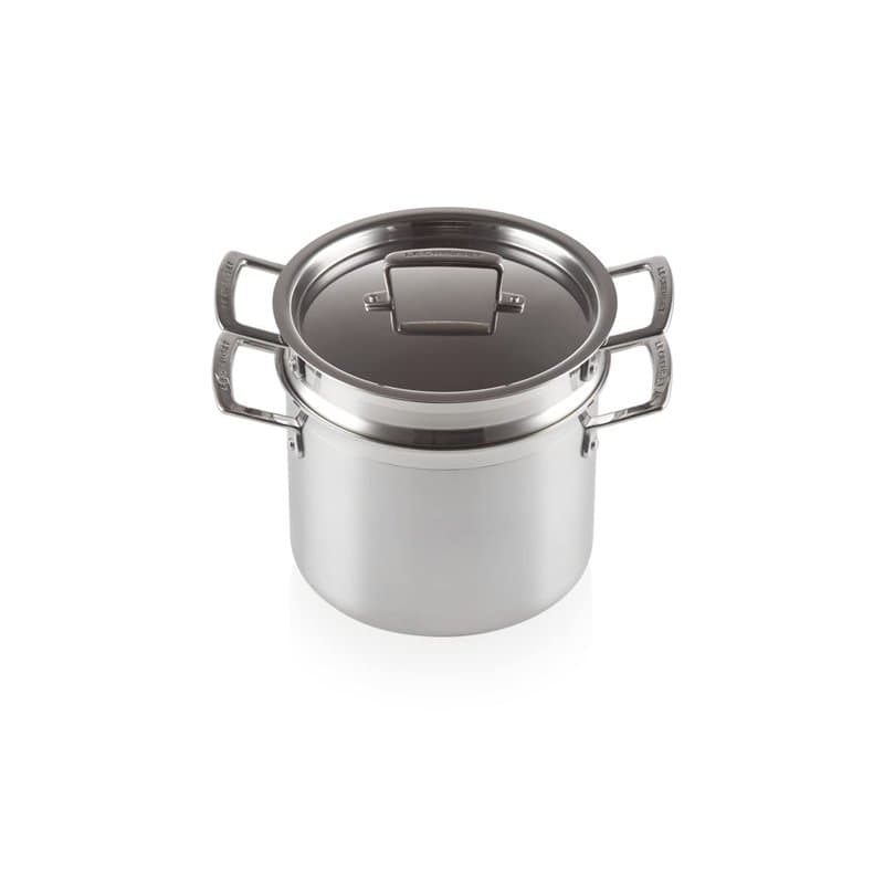 Le Creuset Faitout avec Panier Vapeur et Couvercle, 20 cm, Inox 3-ply, Capacité 5 L, Argenté,96200520001000