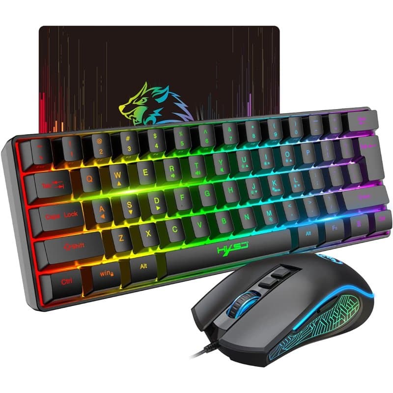 HXSJ V700 Ensemble Clavier et Souris de Jeu,Clavier de Jeu 60%,Disposition Compacte 61 Touches,Rétroéclairage RVB,Souris à Capte