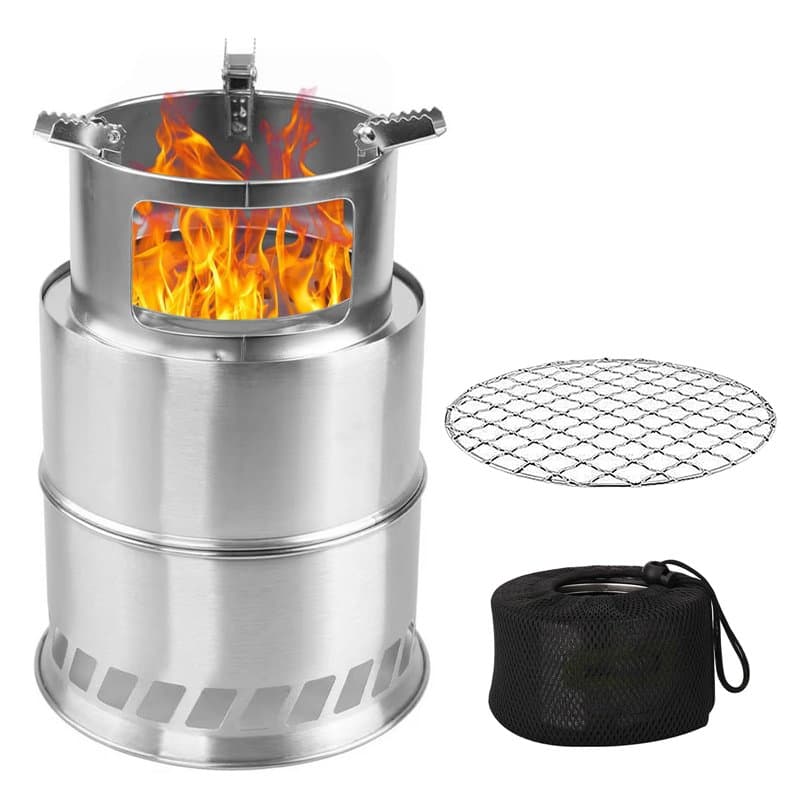 Poêle à bois de camping portable avec plaque en filet de barbecue, réchaud de camping en acier inoxydable, réchaud Hobo avec sac