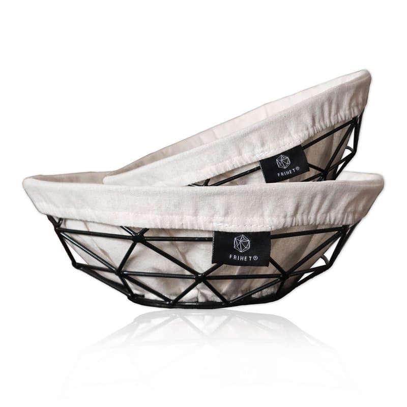 FRIHET Lot de 2 corbeilles à pain modernes 2 en 1 - Corbeille à fruits - Métal - Insert lavable en 100 % coton - Rondes - Noir -