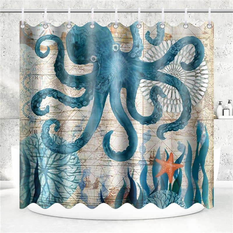 180x200CM Rideau de Douche Polyester Anti Moisissure Lavable Imperméable Tissu Motif de pieuvre, Rideaux de Douche avec 12 Croch