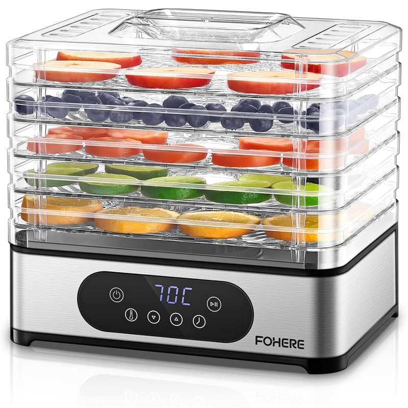FOHERE Déshydrateur Alimentaire, Déshydrateur en acier inoxydable 420W, 5 Plateaux Réglables en Hauteur, Contrôle de Température
