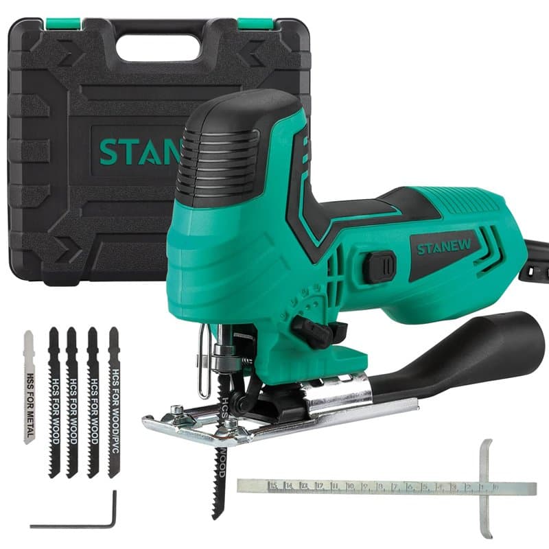 Scie sauteuse STANEW 650 W, Vitesse de sciage par min. 1000-3000RPM,6 Vitesses réglables, 5 lames, Angle de coupe 45º, Profondeu