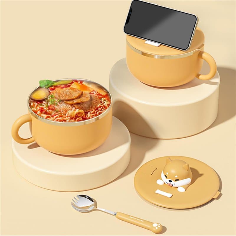 HOMURY Bol instantané en forme de chiot : 1200 ml Ramen avec couvercle et cuillère, portable en acier inoxydable, à l'épreuve de
