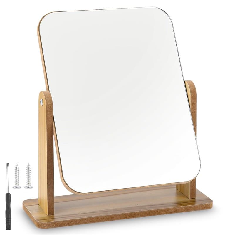 Zhufas Petit miroir sur pied - En bois - Rotation à 360 ° - 25 x 22 cm - Pour coiffeuse, bureau, chambre à coucher, salle de bai