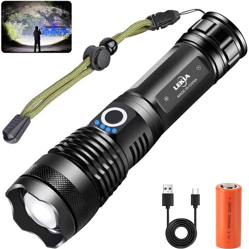 Lampe Torche LED Ultra Puissante, USB Rechargeable XHP70.2 Lampe de Poche 90000 Lumens, 5 Modes Haute Puissance Torche IPX65 Éta