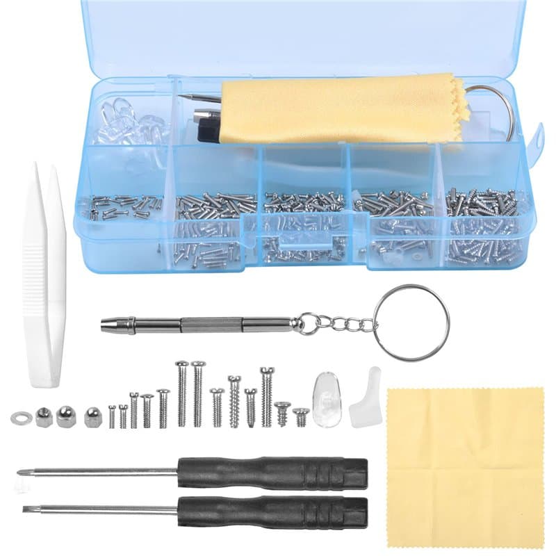 500 Pièces Kit de Réparation de Lunettes avec Mini Tournevis, Écrou de Vis, Plaquettes de Nez, Chiffon pour Lunettes, Crochets D