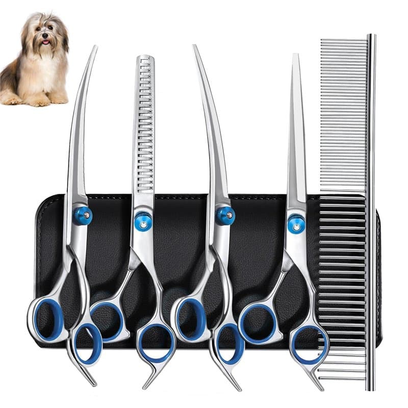 Diompirux paquet de 5 Profes Ciseaux Toilettage Professionnel Chien Poils, Compris 1 Ciseaux à Effiler, 2 Ciseaux Courbes, 1 Cis