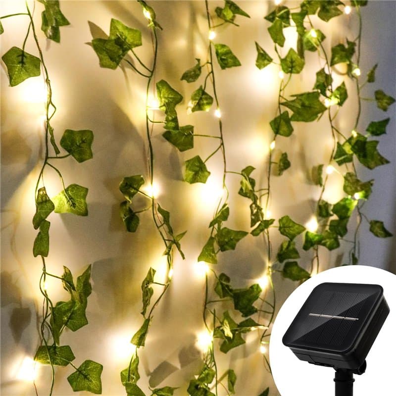 Lierre Artificiel Guirlande Lumineuse Solaire, Guirlande Lumineuse solaire,10M 100 LEDs Guirlande Solaire Extérieure avec Feuill
