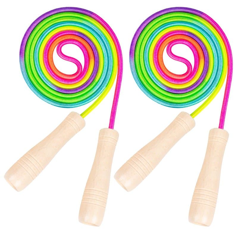 Lot de 2 cordes à sauter réglables pour enfants, 260 cm, avec poignée en bois et corde à sauter arc-en-ciel, corde à sauter pour
