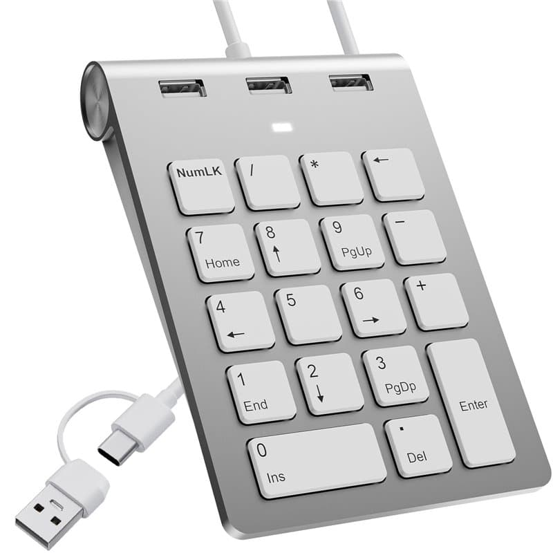 Pavé numérique filaire USB C/USB A, mini pavé numérique ergonomique avec 3 ports USB 2.0, pavé numérique 18 touches, pavé numéri