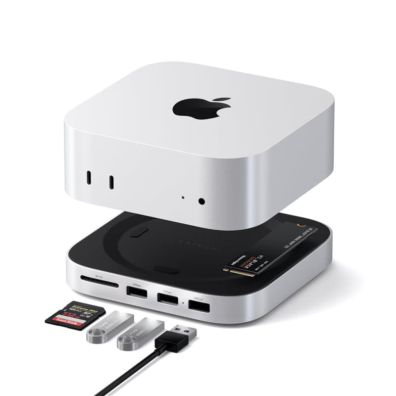SATECHI Mac Mini M4 Hub & Support avec Boîtier SSD NVMe, Hub Mac Mini M4 avec 2X USB-A 10 Gbps, 1 Port USB-A Données 480 Mbps, L