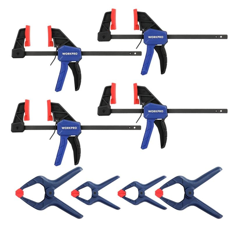 WORKPRO Serre Joint et Pince à Ressort 8 Pièces, 4 Mini Serres-joint (Longeur:200 mm,Portée 115 mm, Plage d'expansion 200 mm)et