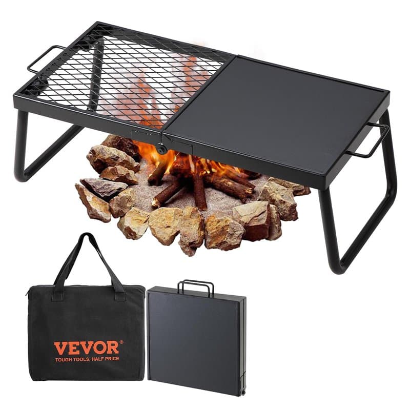 VEVOR Grille Pliante 57x28,5x23 cm Gril de Feu de Camp Portable en Acier Grille de Cuisson Pliable Demi-Grille Demi-Plaque avec