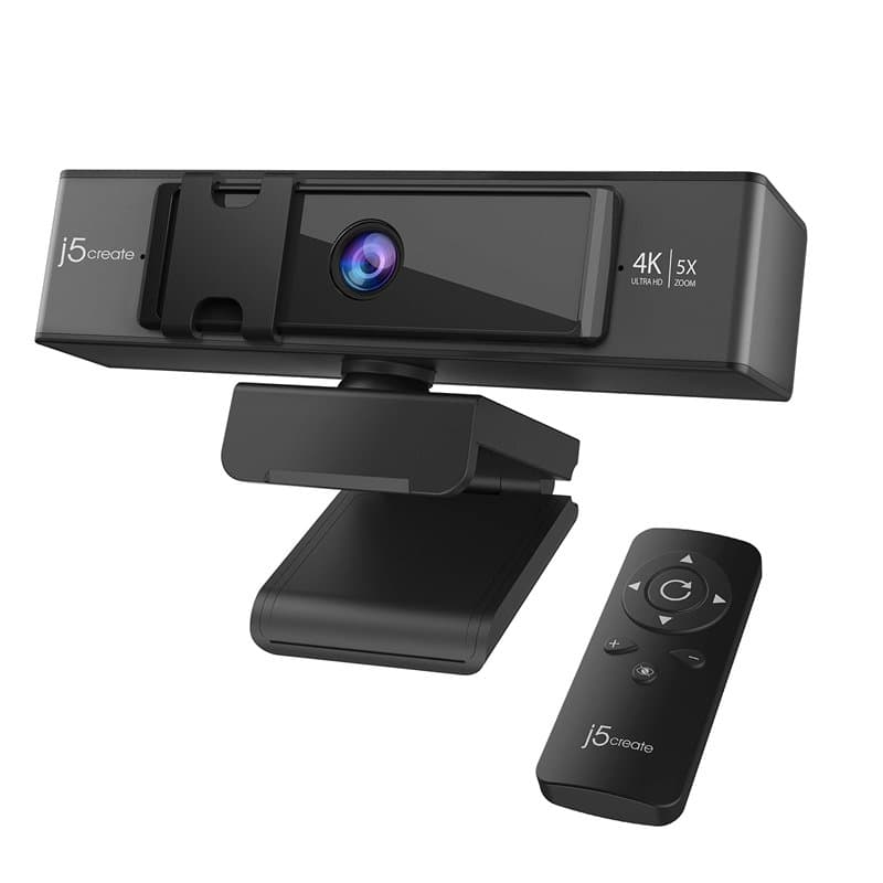 j5create Webcam 4K Ultra HD avec 5X Zoom, Protection de la Vie privée, amélioration de la lumière, Double Microphone Haute fidél