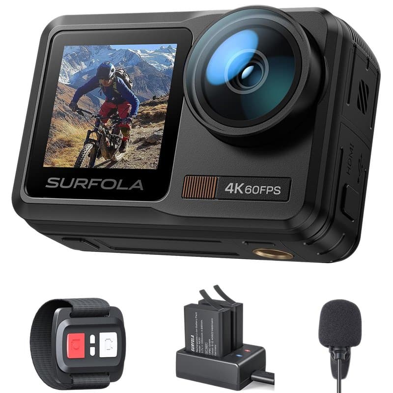 Surfola Caméra Sport SF630 4K 60FPS, sous-Marine 40M et Métal Nu Étanche 10M, Wi-FI, EIS Casque, Caméscope Double Écran avec Mic