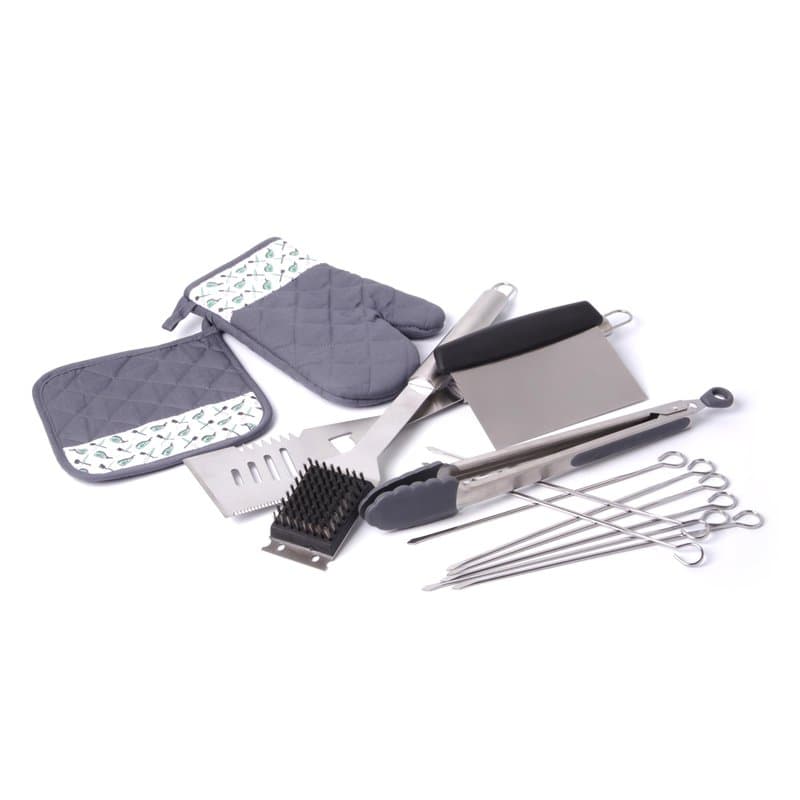 BIRAMBEAU, KIT Barbecue : 8 brochettes INOX 25cm + Brosse et grattoir + Pelle XL INOX + Gant Coton+ manique Coton + Pince BBQ Si