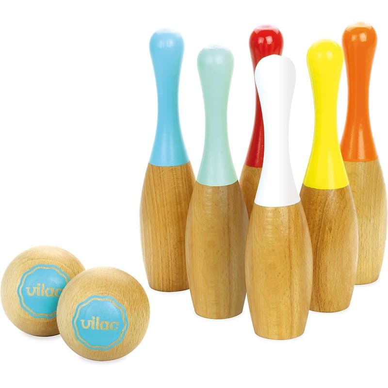 Vilac - 6 Quilles de Bowling - Bicolores - Jeu de Plein Air - Jeu d'Adresse et de Précision en Bois - Jeu d'Ambiance - 2 Boules