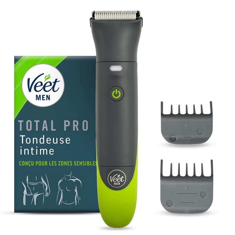 Veet Men Total ProTM* Tondeuse Intime Pour Homme - Rasoir électrique Multi-Usage pour Aine, Barbe et Corps – Chargeur USB – 100%