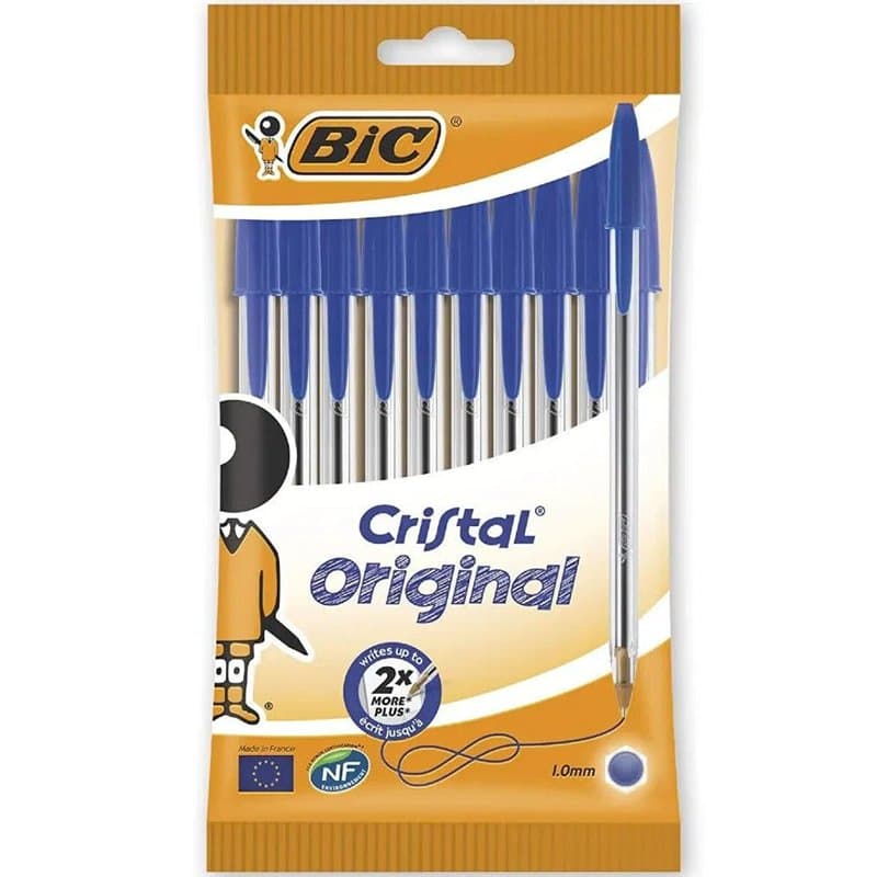 Bic Cristal Original Lot de 8 Stylos à bille sans bavure pointe moyenne Idéal pour le bureau et l'école Encre bleue Cristal Orig