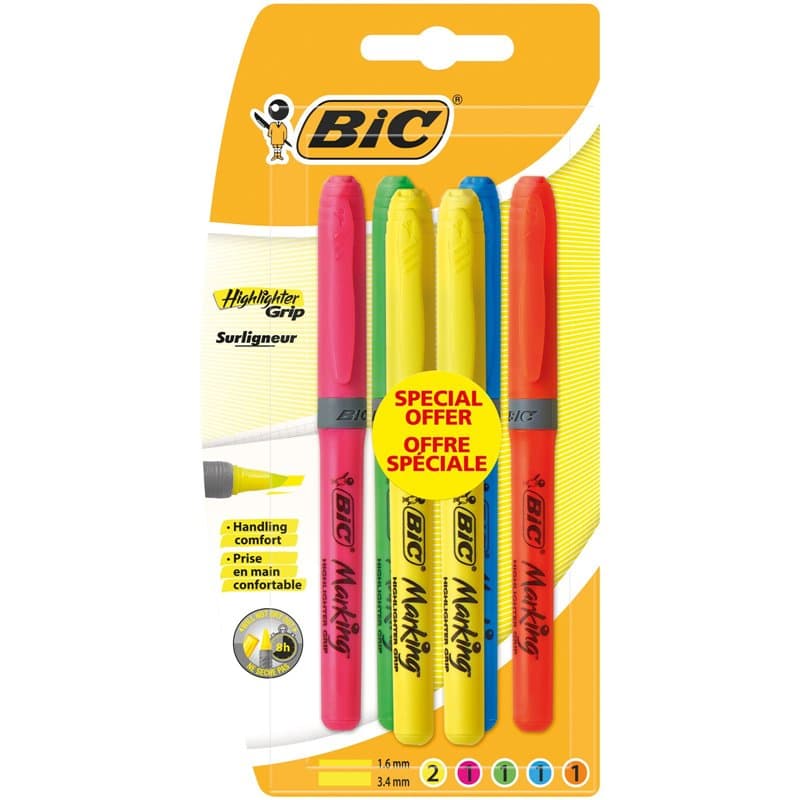 BIC Highlighter Grip Surligneurs Pointe Biseautée - Couleurs Fluo Assorties, Blister Offre Spéciale de 6