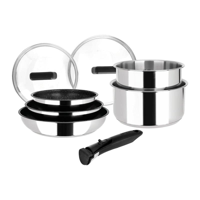 Sitram 714248 Batterie de cuisine Inox 8 Pièces : 3 Poêles Ø20,24,28 cm + 2 Casseroles Ø16,18 cm + 2 Couvercles Verre Ø16,18 cm