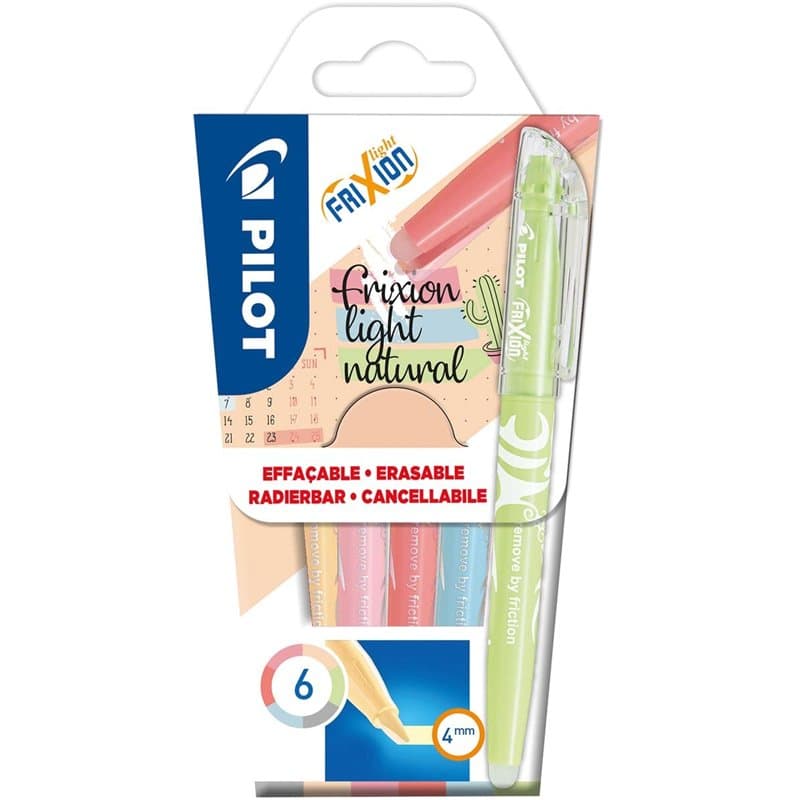 Pilot FriXion Light Natural - 1 Etui de 6 Surligneurs Effaçables Naturels Rose, Jaune, Violet, Bleu, Orange, Vert
