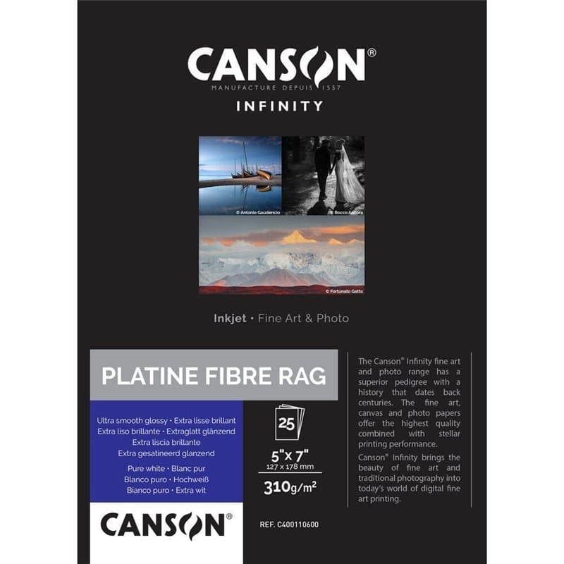 CANSON Infinity Platine Fibre Rag - Tirage Papier Photo Baryté - Boîte de 25 feuilles 12,7x17,8cm - Extra Lisse Brillant - Blanc