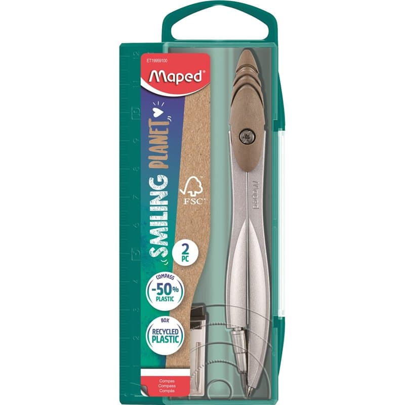 Maped - Coffret compas Study Smiling Planet Mine - Le compas responsable - Chape de la bague composée à 50% de Fibres de Bois ce