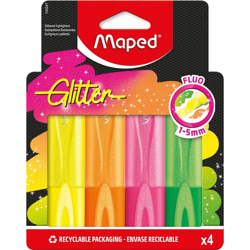 Maped - 740247-4 Surligneurs Fluo Glitter, Pointe Biseautée, Surligneurs Longue Durée pour Usage Scolaire, Lettering, Bullet Jou