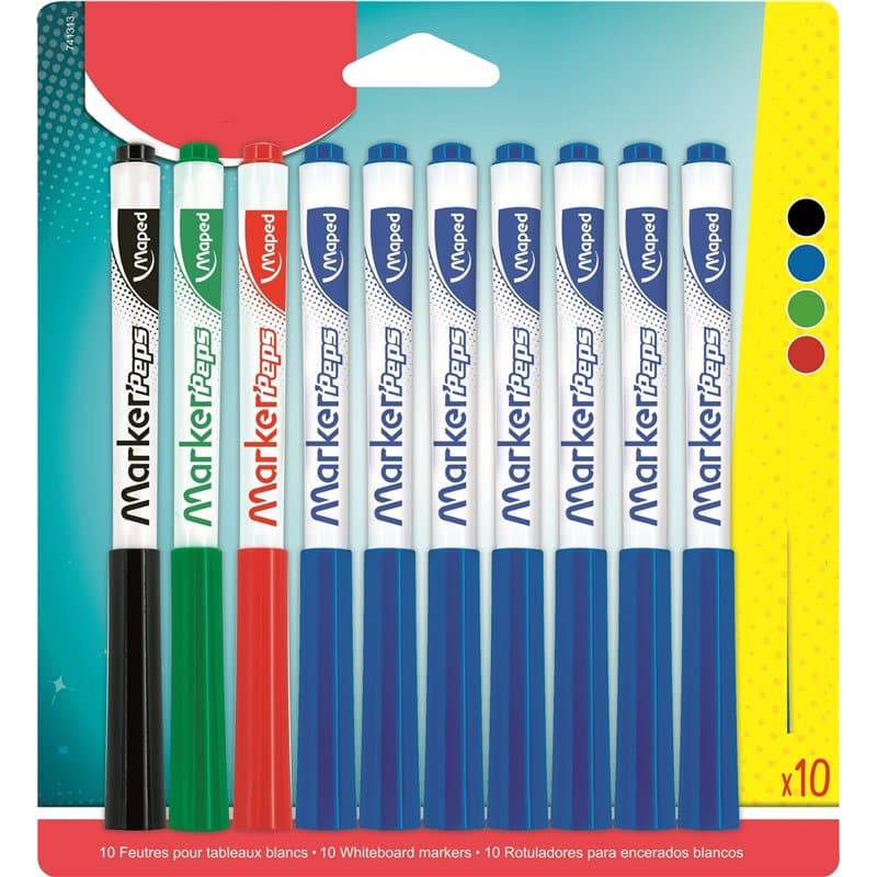 Maped - Boîte de 10 Feutres Effaçables à Sec Marker’Peps - Feutres pointes moyenne de 1,5mm - Coloris : Bleu x7, Noir x1, Rouge