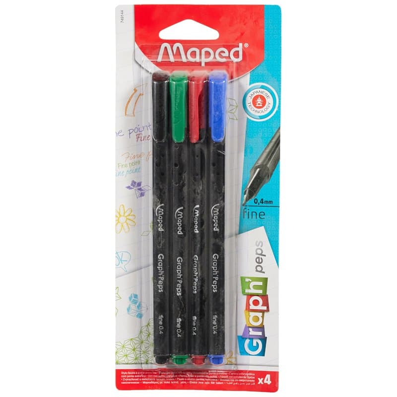 Maped - Feutres Graph'Peps - Stylos Feutres Pointe Fine 0,4 mm - Pointe Douce et Résistante - Confort d'Écriture et Dessin - 4 S