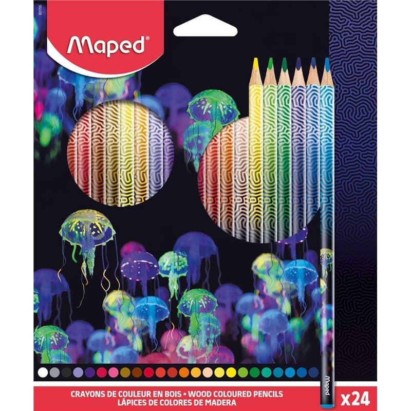 Maped - 24 Crayons de couleur Deepsea Paradise - Crayons de coloriage en bois - Mines résistantes - Forme Triangulaire Ergonomiq