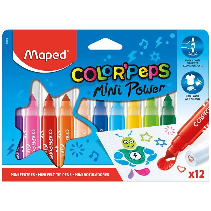 Maped Color'Peps Gros Feutres de Coloriage Mini Power pour Enfant, Pointe Large et Capuchon avec Motif Tampon, Encre Lavable à l
