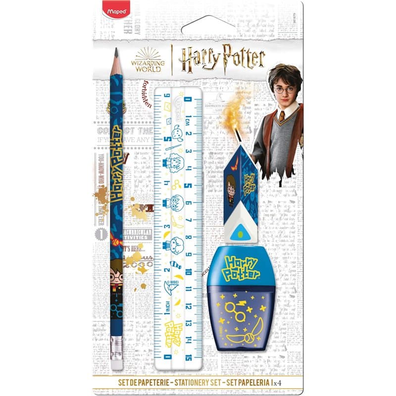 Maped - Set de Papeterie 4 Pièces - 1 Règle Transparente 15cm + 1 Taille-Crayons 1 Trou + 1 Gomme + 1 Crayon Papier HB - Licence