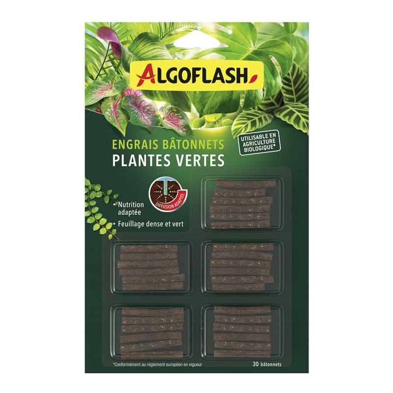 Algoflash Bâtonnets Engrais Plantes Vertes, Utilisable en Agriculture Biologique - 30 Bâtonnets, Marron