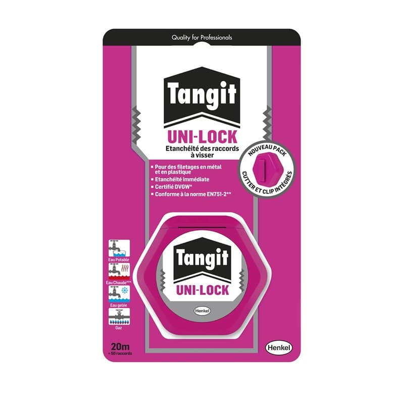 Tangit Uni-Lock, Fil de nylon pour étanchéité des raccords filetés sur tuyaux en métal et en plastique, Fil d'étanchéité pour ré